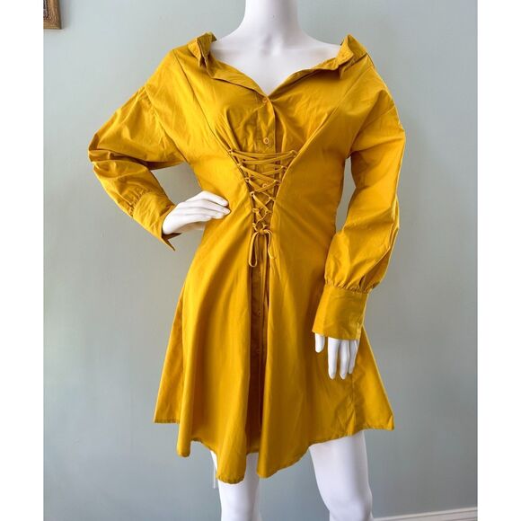 Haute Monde Yellow Corset Lace Up Button Down Mini Shirt Dress size Medium - Picture 1 of 8